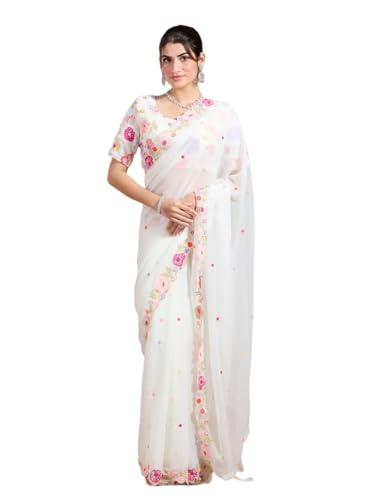 Sari de diseñador indio KULIA en georgette bordado premium con blusa para fiestas