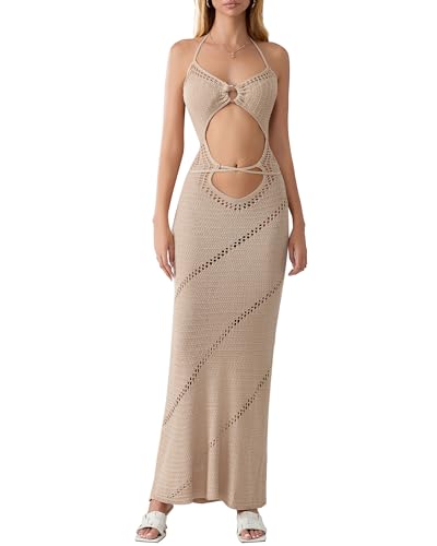Felcia Damen Neckholder Bodycon Langes Kleid Cross Cut Outs Strickkleid Sommer Rückenfrei Slim Strandkleid, B-khaki, S
