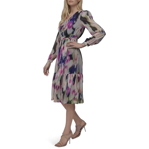 Image of DKNY Women's Long Sleeve V-Neck Tie Waist Midi Dress
