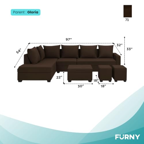 Image of FURNY Gloria 8 Seater Fabric LHS L Shape Sofa Set with 1 Centre Table & 2 Puffy (Dark Brown) Premium Velvet Finish | Ideal of Living Room