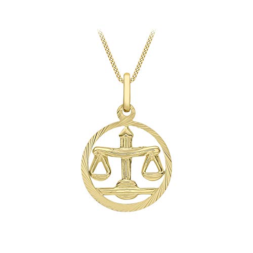 CARISSIMA Women's 9ct Yellow Gold Round Diamond Cut Zodiac Libra Pendant on 9ct Yellow Gold 20 Diamond Cut Curb Chain 46cm/18