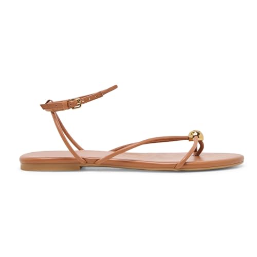 XBKXMK Brown Strappy Flat Sandals for Women Comfortable Open Round Toe Slingback Sandals Dressy Beach Thong Flip Flop Slides Sandals