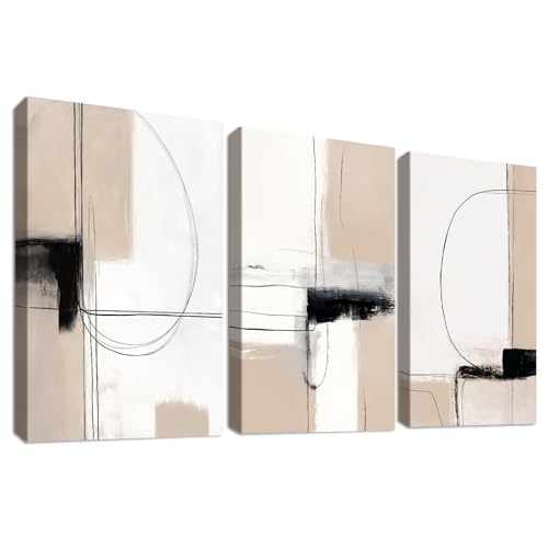 3 Pcs Marco de madera Cuadro Moderno Líneas Geométricas Abstracto Lienzo Decorativos Pintura Imagen Póster Beige Caqui Negro Minimalista Cuadros Decoracion Salon Dormitorio Comedor 30cmx40cmx3