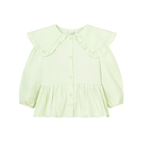 Image of Mud Kingdom Girls Peter Pan Collar Shirts Light Green Puff Long Sleeve Blouse for 5T Little Kids Solid Cotton Button Down Fall