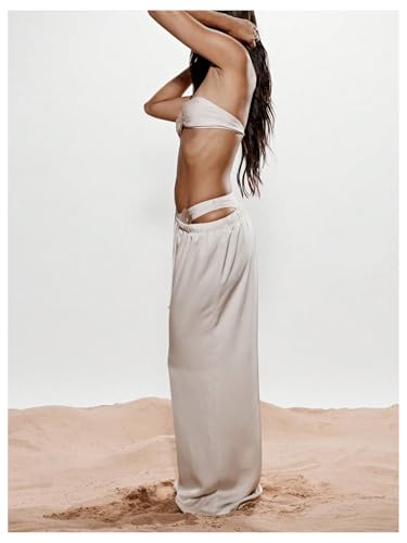 GORGLITTER Women's Y2k Wide Leg Baggy Palazzo Pants Drawstring Waist Loose Trousers Satin Loungewear2