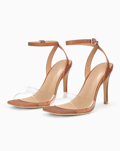 Image of Coutgo Womens Clear Heels Sandals Square Toe Ankle Strap High Heeled Stiletto