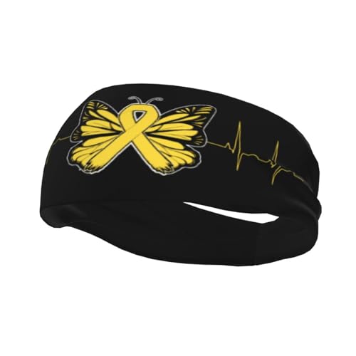 Gold Butterfly Ribbon Heartbeat Childhood Cancer Awareness Adjustable Sports Headband Moisture-Wicking Sweatband for Running & Workout