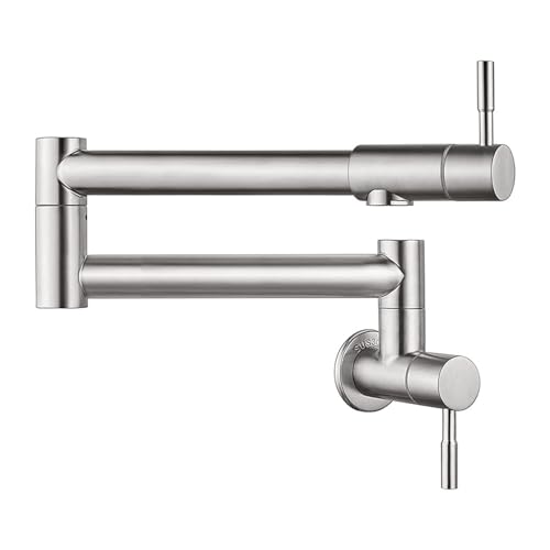 Grifo de cocina plegable montado en la pared con llenado ollas, grifo un solo orificio for fregadero frío y caliente, caño giratorio acero inoxidable cepillado