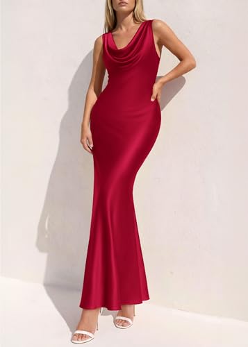 Image of KIRUNDO Womens Cowl Neck Sleeveless Bodycon Satin Maxi Dress | Formal Silk Long Dresses, Mermaid Hem, 2026 Summer Elegant Wedding Guest Cocktail Party Fall Outfits