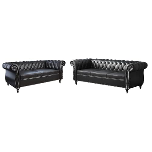 Image of WOODEN WORLD Modern & Classic Leather Sofa Set - Luxurious Comfort, Stylish Design, and Durable Build (Black, 3+2 Seater)