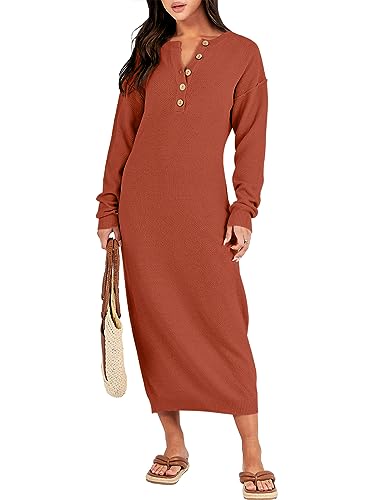 Image of ANRABESS Women Long Sleeve Button V Neck Oversized Casual Loose Fit Waffle Knit Fall Midi Sweater Dress 2026 Trendy Outfits