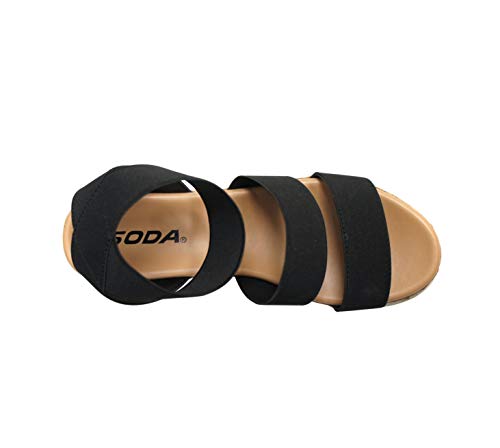 Soda Style Madyson ~ Slip On Open Toe Two Bands Elastic Ankle Strap Flatform Wedge Casual Fashion Sandal With Cork Wrap Bottom (Black, 7.5) #TOP2