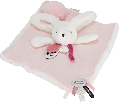 DOUDOU ET COMPAGNIE - Doudou Carré Lapin - 25 cm - Collection Happy Blush - Rose - Pompon Rubans Tissés Touche de Lange - Idée Cadeau Naissance Filles Garçons -...
