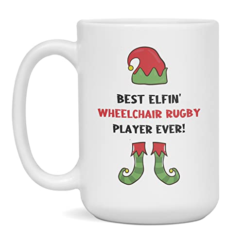Christmas Gifts Men Best Elfin' Wheelchair Rugby Player Ever Funny Elf Sports Mug, 15-Ounce White