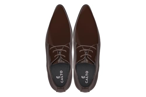 Image of CALTO Men's Invisible Height Increasing Elevator Shoes - Chocolate Brown Patent Leather Lace-up Formal Dress Oxfords - 2.8 Inches Taller - K2727 - Size 8 D(M) US