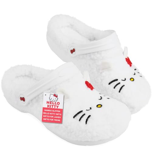 Hello Kitty Sanrio Sabots Femme et Ado Fille, EU 35-41, Pantoufles Hiver Jardin Intérieur Anime, Semelle Antidérapante Polaire (36 EU, Blanc)