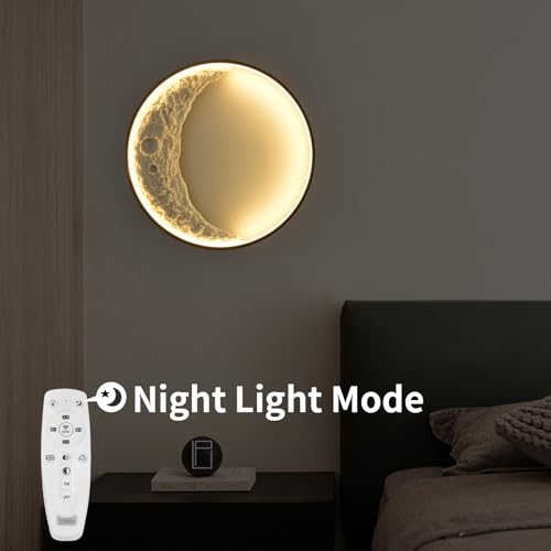 Image of Dimmable Moon Wall Sconces 23.6inch 32W Plug in Modern LED Wall Light with Remote Control Black Wall Lamp Indoor Wall Mounted Lighting Fixture for Living Room Bedroom Hallway Stairs