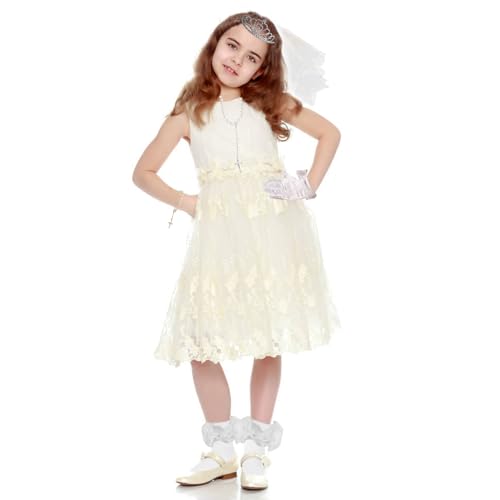 6 Pcs First Communion Veil Set for Girls White 1st Communion Veil Satin Gloves Lace Socks Rhinestone Crown Pearl Necklace Bracelet First Communion Accessories for Girls Wedding Flower Girl3