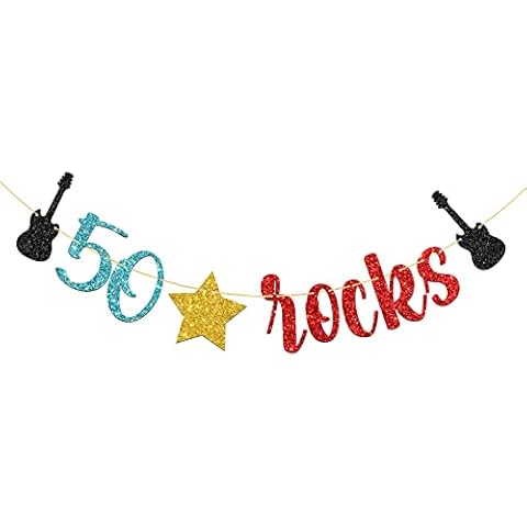 WeBenison 50 Rocks Birthday Banner Rock and Roll Music Theme 50th Birthday Banner / 50's Rock Guitar Birthday Party Decorations Glitter (50) Cover