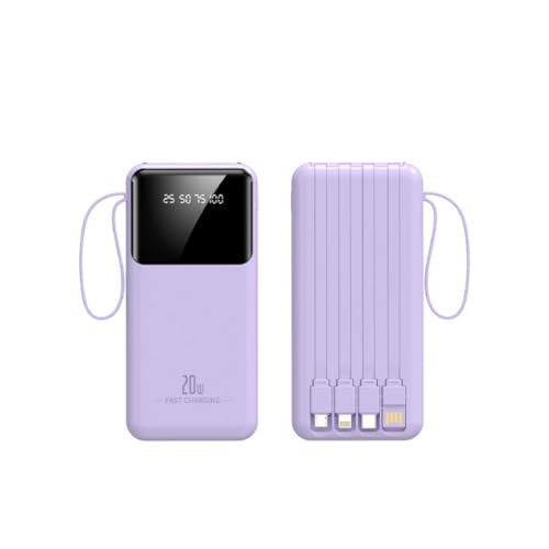 Powerbank - Batería externa de 20000 mAh, cable integrado, carga rápida, cargador portátil, 4 salidas, 2 entradas, pantalla LED (10000 mAh/morado)