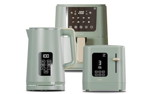 Cello Green Kitchen Bundle: 1.7L 3000W Kettle with Temperature Control & LED Display | 800W 2 Slice Toaster with Digital Timer & High Lift | 4L 1400W Air Fryer with 8 Presets & Touch Control