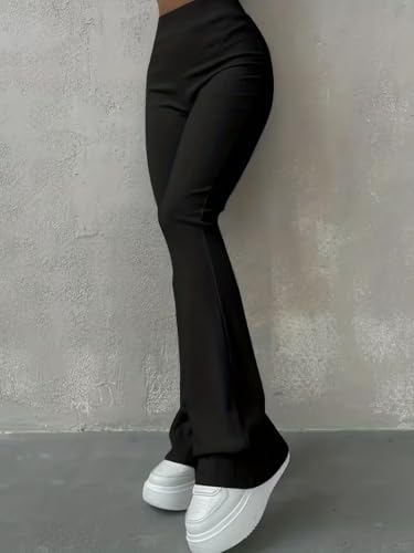 Image of Jawdrobe Women's High Waist Ribbed Flared Pants Stretchable Slim Fit Bootcut Trousers Soft Knit Casual Wear for Daily Office Travel (for Ideal Height 5.3)