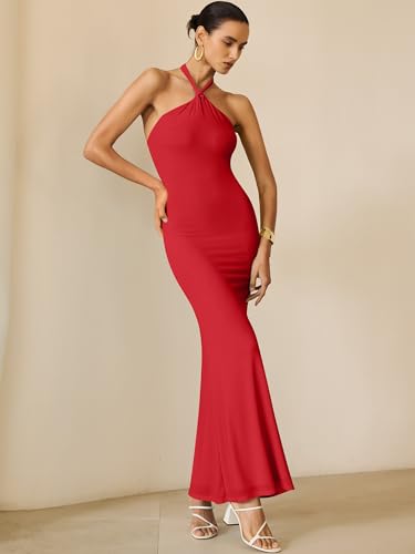 Prinbara Womens Halter Neck Bodycon Maxi Dresses 2026 Summer Mesh Backless Elegant Formal Wedding Guest Party Club Long Dress Red Small — view 3