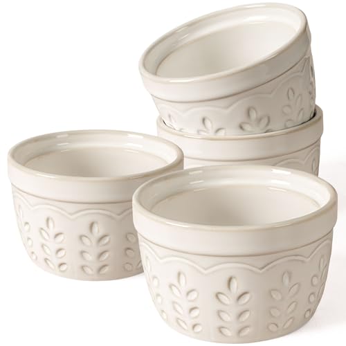 Artena Ramekins Oven Safe, Creme Brulee Ramekins, Embossed White Ceramic Souffle Pudding Custard Cups, Baking Dish, Dipping Bowls, Sauce Cups, Set Of