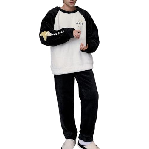 Genérico Pijama Hombre Otoño Invierno Coral Franela Acolchado Forrado Tallas Grandes Conjunto Hogar(Black, XXL)