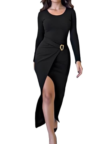 CHICME Women's Bodycon Midi Dress 2025 Long Sleeve Ruched Waist Slim Fit Slit Buckle Decor Dress Cocktail Party Dress3