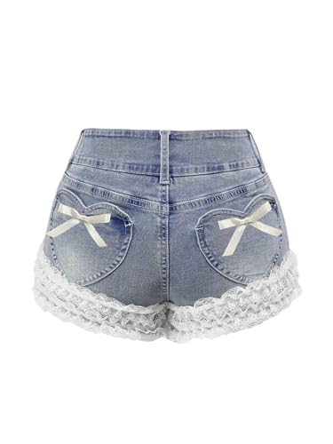 WDIRARA Women's Bow Knot Lace Trim Denim Shorts Y2k mid Waisted Jean Shorts with Pockets Blue Medium
