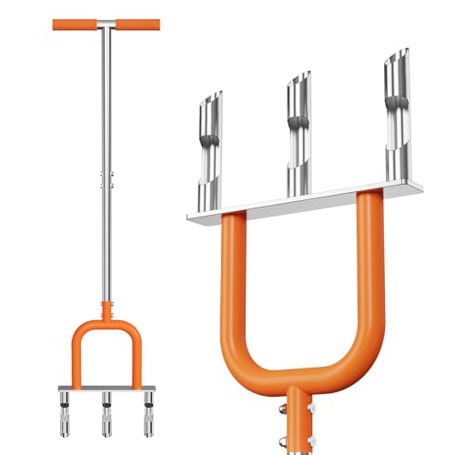 Lawn Core Aerator Hollow Tine Grass Aerating Tool Manual Garden Soil Plugger 3 Prong Stainless Steel Lawn Yard Grass Soil Core Aerator Manual Lawn Plug Aerators Core Aeration Tool (Orange)