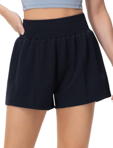 THE GYM PEOPLE Women's Sweat Shorts High Waist Zipper Pockets Lounge Shorts