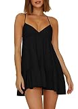 Womens V Neck Crisscross Backless Dresses Tie Back Sleeveless Ruffle Hem Flowy Swing A-Line Vintage Summer Mini Dress Black