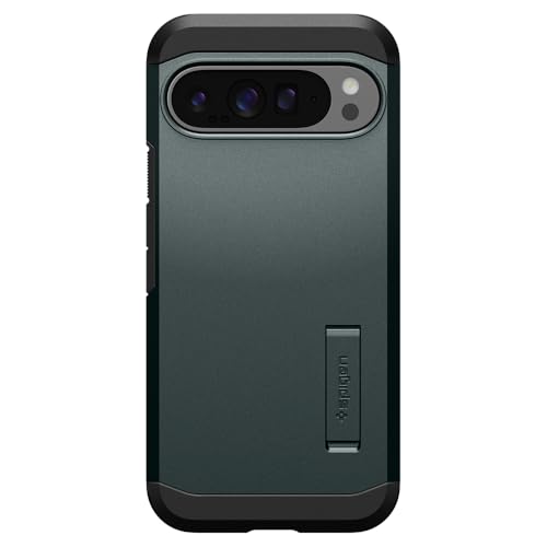 Image of Spigen Tough Armor Back Cover Case for Pixel 9 Pro XL, Dual-Layer Extreme Protection, Integrated Kickstand - Polycarbonate + TPU | Abyss Green