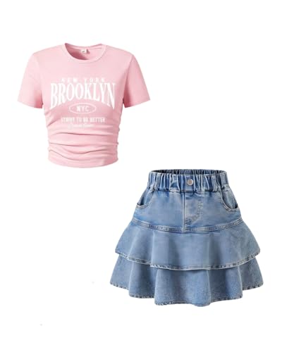 Cakaner Teen Girl Skirt Set Ruffle Tiered Denim Skirt Set