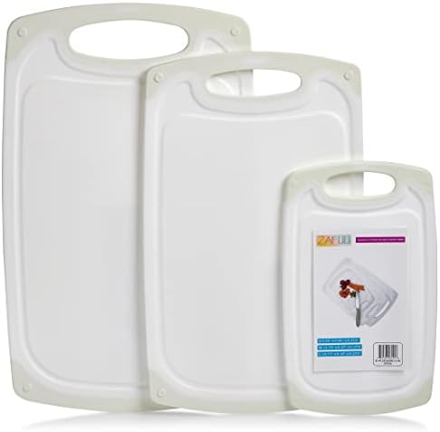 SAFUU Plastic Cutting Boards for Kitchen 3 Pcs - 3 SIZES, Non-Slip Chopping Board with Juice Groove & Easy Grip Handles --- { White And White Color }, ZF-PLSTCBORD-3-W