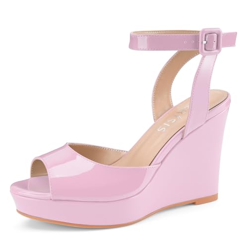 Image of Women's Dressy Platform Wedge Sandals Gold Wedges Peep Toe Patent High Heels Slingback Heeled Comfortable Ankle Strap Shoes