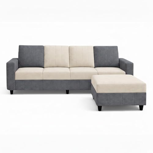 Image of Stryker Plush 5 Seater L Shape Sofa Set with Movable Ottoman | Flexible Layout |Silken Velvet Suede | Designer Sofa for Living Rooms & Office Spaces (Dark Grey & Cream)