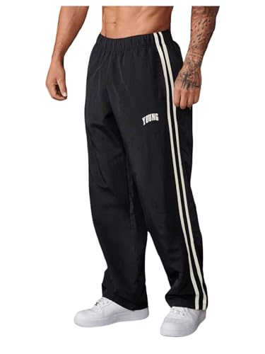 GORGLITTER Men's Letter Print Striped Baggy Workout Sweatpants Straight Leg Elastic Waist Track Trousers