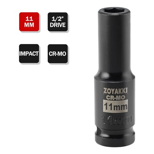 ZOYAKKI 1/2" Drive x 11 mm Deep 6 PT Impact Socket, CR-MO,1/2-inch Drive 6 Point Axle Nut Socket for Easy Removal of Axle Shaft Nuts (Metric 11MM)
