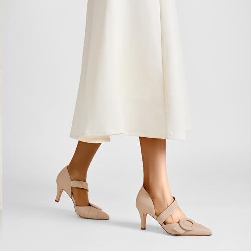 Women's Pointed Toe D'Orsay Pumps with Fashion Round Buckle, Closed Toe 3" Stiletto High Heels with Comfy S Elastic Strap for Dress Work Office Shoes 5