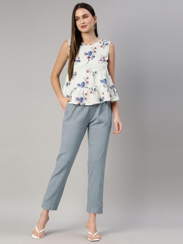 Image of MINELLI Women Solid Cigar Pants, Cotton Lycra Slub Fabric, Elasticated Waistband, Pull On Style, Regular Fit Bottom Wear for Western and Ethnic Wear
