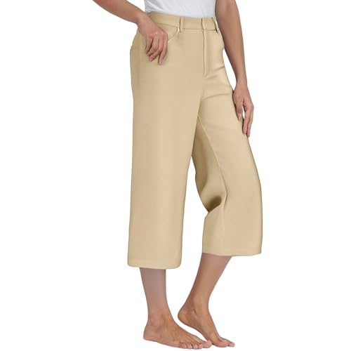 Wide Leg Cropped Pants for Women Elastic High Waisted Smart Casual Dress Pants Plus Size Loose Fit Stretch Straight Trousers3