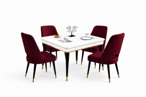 Image of WOODEN SPACE 4 Seater Wooden Dining Table Set | Urban Marble Top Dining Table with Chairs for Dining Room & Kitchen (Modern Vintage Maroon) (42 x 42 x 30 inch)