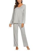 Ekouaer Schlafanzug Damen Lang Pyjama Set Kuschelig Nachtwäsche Zweiteiler Herbst Schlafanzüge Langarm Hausanzug Hellgrau L