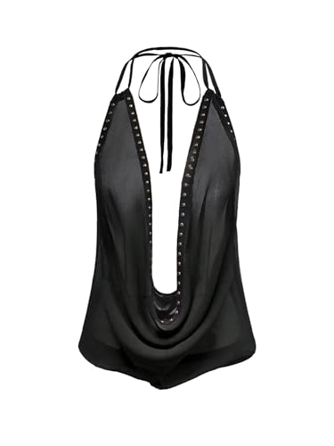 MakeMeChic Women's Sheer Mesh Rave Tops Sexy Cowl Neck Halter Top Going Out