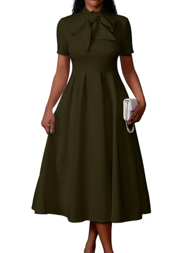 Memoriesea Women's Elegant Casual Short Sleeve Work Party A-Line Dress with  Pockets Army Green at Amazon Women's Clothing store
