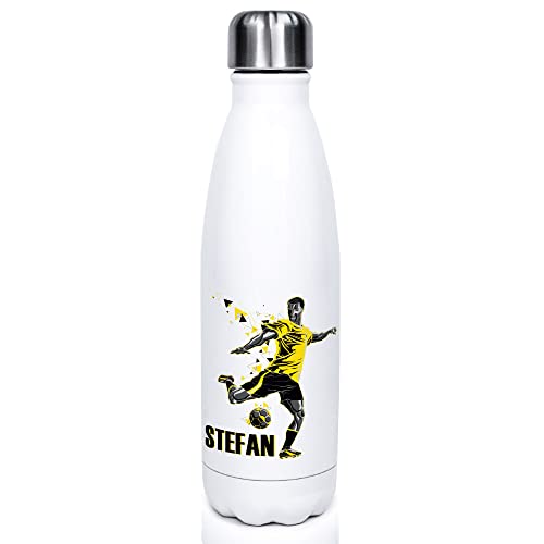 GRAZDesign Kinder Trinkflasche Fussball Sport Edelstahl personalisiert Name, auslaufsicher Einschulung Geschenk, Thermosflasche Sportflasche Schule Kinder Jungen 500ml Gelb