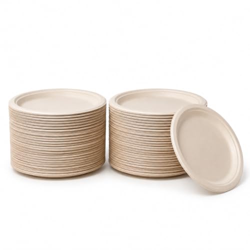 Image of Bonkaso 10 Inch, Pack of 100 Bagasse Disposable Round Plates (Beige)| Eco-Friendly Sugarcane Paper Plates | Biodegradable, Compostable & Sturdy | Ideal for Snacks, Desserts, Parties, Weddings & Events